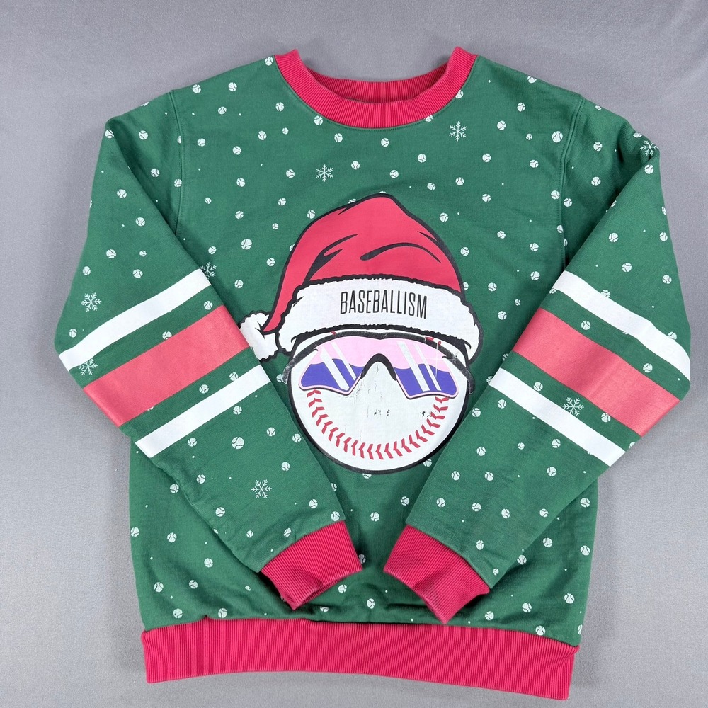 Baseballism Christmas Crewneck Sweatshirt Small Green Baseball Santa Holiday Top